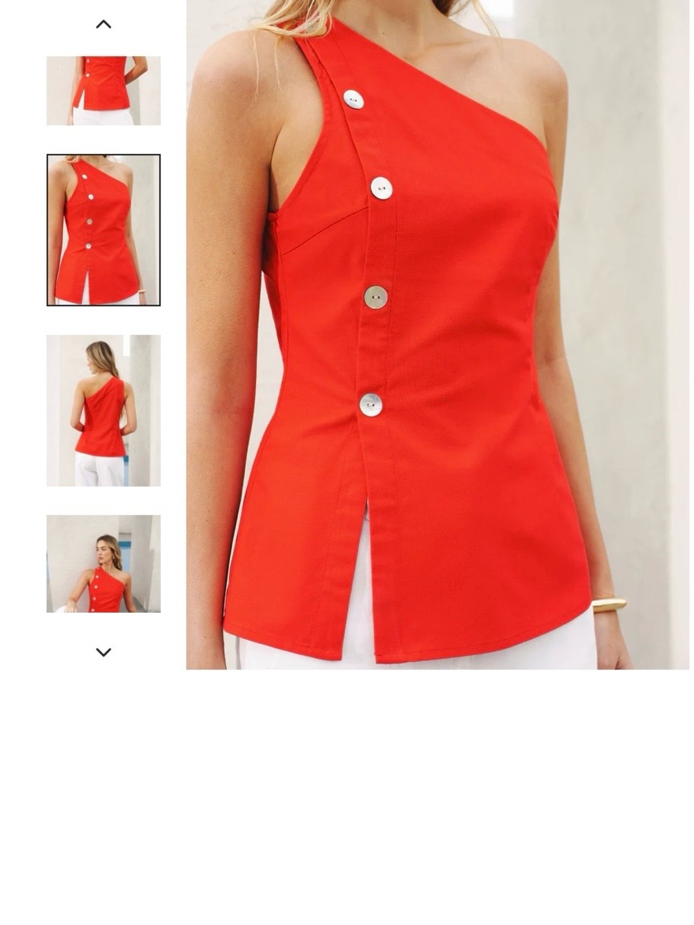 Commense One-Shoulder Red Button-Front Sleeveless Top